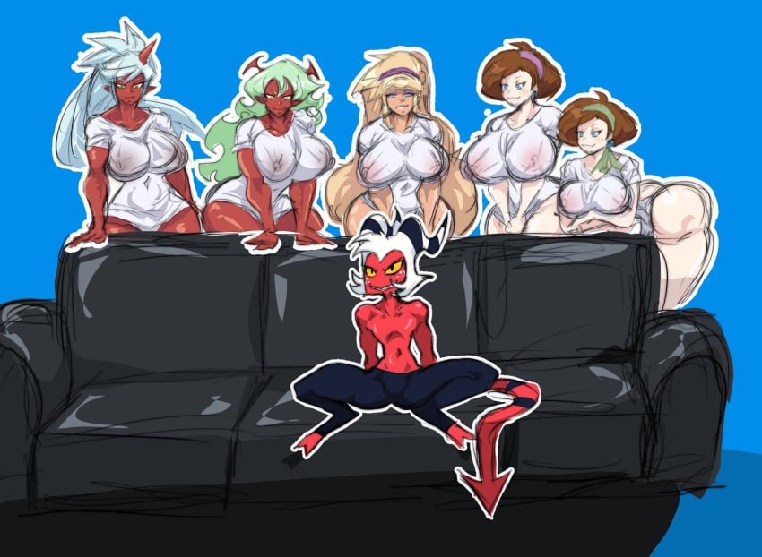 1boy 5girls bare_arms bare_legs bare_shoulders bare_thighs big_breasts blonde_hair blue_eyes brown_hair color demon demon_boy demon_horns demon_tail female gravity_falls green_hair helluva_boss hi_res imp kelly_perkins_(aeolus06) kneesocks_daemon large_breasts light-skinned_female light_skin long_hair male male/female moxxie_(helluva_boss) nipples_visible_through_clothing pacifica_northwest panty_&_stocking_with_garterbelt red_body red_skin scanty_daemon shelly_perkins_(aeolus06) sofa tagme the_perkins_(aeolus06) thick_thighs white_hair zonta_asukoi