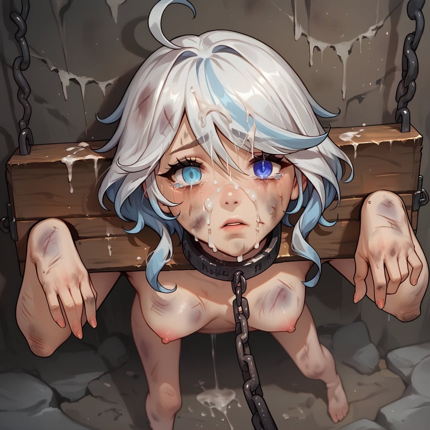 1girls after_rape after_sex ai_generated akarugi blonde_hair blue_eyes bondage chains collar crying cum cum_drip cum_on_face cuts defeated defeated_heroine dungeon furina_(genshin_impact) genshin_impact heterochromia hi_res injury nude nude_female restrained slave slave_collar slavegirl small_breasts solo solo_female tears white_hair