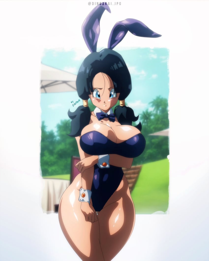 1girls alternate_version_available black_hair blue_eyes breasts bunny_ears bunnysuit cleavage color dindakai dragon_ball dragon_ball_z edit embarrassed female female_only large_breasts looking_at_viewer solo thick_thighs twintails videl wide_hips