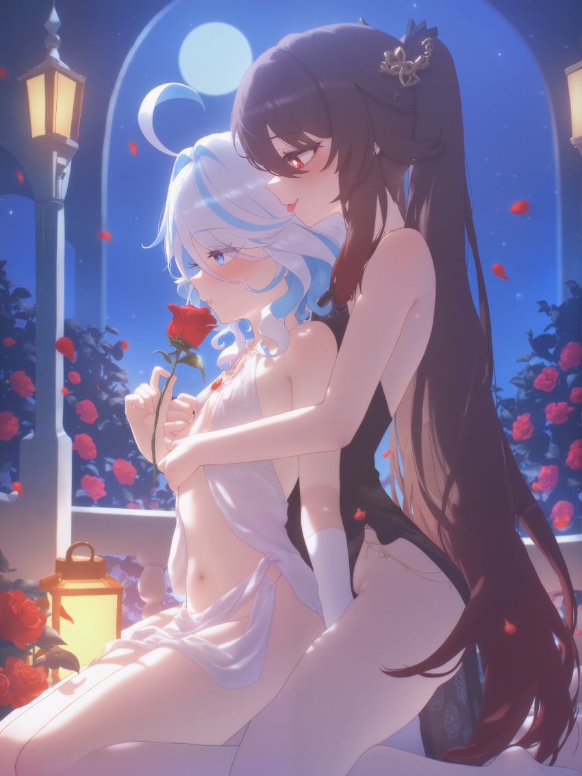 2girls :p absurd_res ahoge ai_generated alternate_costume bare_arms bare_legs bare_shoulders barefoot black_dress blue_eyes blue_hair blush breasts brown_hair dress elbow_gloves falling_petals flat_chest flower flower-shaped_pupils from_side full_moon furina_(genshin_impact) genshin_impact gloves hair_between_eyes hair_ornament holding holding_flower hu_tao_(genshin_impact) hug hug_from_behind huge_moon jewelry kneeling lantern licking light_blue_hair long_hair ministro moon multicolored_hair multiple_girls navel night night_sky open_mouth outdoors parted_lips pelvic_curtain petals plum_blossoms profile red_eyes red_flower red_rose rose rose_petals seiza short_hair sidelocks sitting sky sleeveless sleeveless_dress small_breasts smile stomach streaked_hair symbol-shaped_pupils thighs tongue tongue_out twintails two-tone_hair very_long_hair white_dress white_gloves white_hair yuri