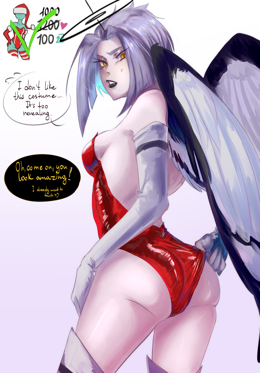 1boy 1girls adam_(hazbin_hotel) angel angel_girl angel_wings ass aureola bare_shoulders bare_thighs big_breasts christmas christmas_outfit color dat_ass english_text female hazbin_hotel hi_res large_breasts light-skinned_female light_skin looking_at_viewer lute_(hazbin_hotel) male male/female pog_master_1_1 short_hair tagme text text_bubble thick_thighs vivienne_medrano white_hair yellow_eyes