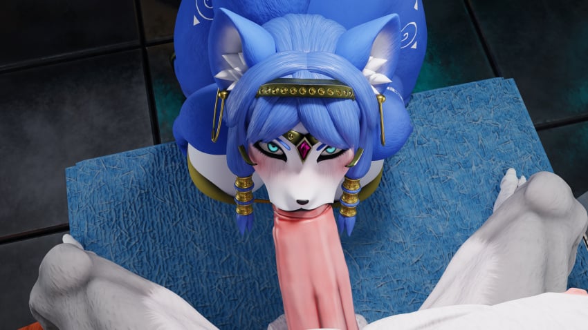 3d_(artwork) absurd_res anthro blue_body blue_eyes blue_fur blue_hair blush canid canine digital_media_(artwork) duo ear_piercing ear_ring fellatio female fox fur grey_body grey_fur hair hi_res hoop_ear_ring krystal_(star_fox) looking_at_viewer male male/female mammal nintendo oral penile piercing reach06 ring_piercing sex star_fox white_body white_fur wolf_o'donnell