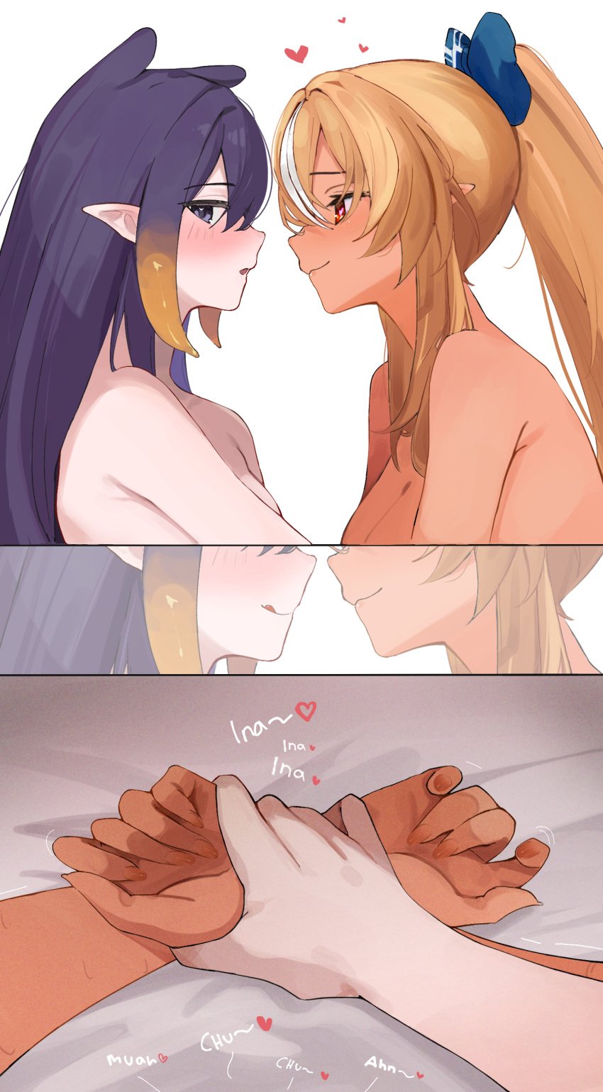 2girls female hololive hololive_english hololive_fantasy hololive_japan hololive_myth implied_sex naked ninomae_ina'nis nude roikopi shiranui_flare yuri