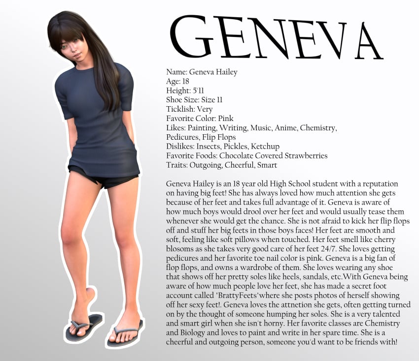 3d 3d_(artwork) bio character_bio character_profile character_sheet feet feet_fetish foot_fetish footfetishrenders geneva_(footfetishrenders) oc sandal_fetish sandals story toes