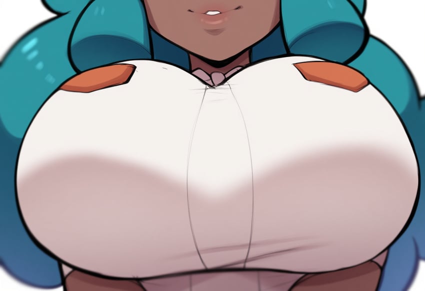 ai_generated alternate_breast_size breast_focus breasts close-up dark-skinned_female dark_skin female large_breasts lenora_(pokemon) mullon novelai pokemon pokemon_(anime) pokemon_(game) pokemon_bw solo solo_focus top_heavy