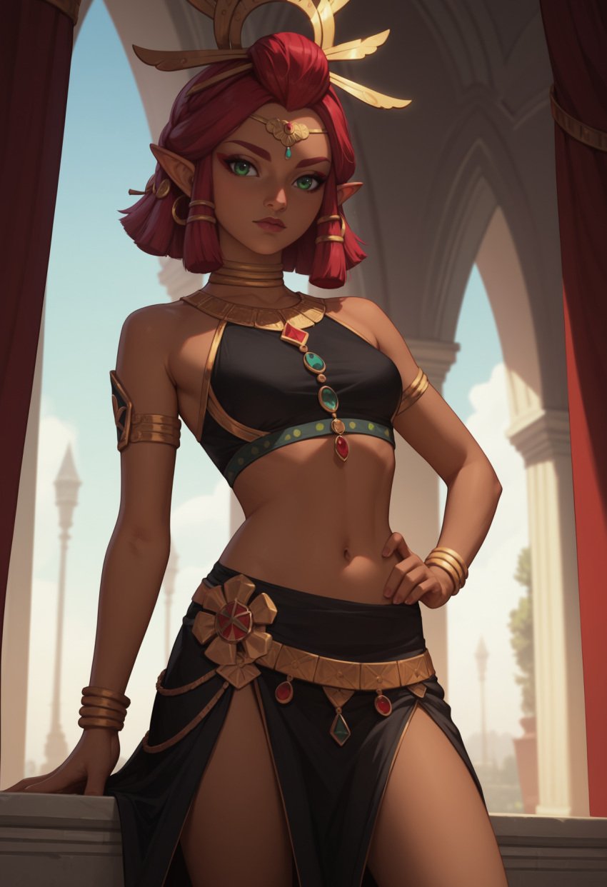 ai_generated angel_light_(artist) dark-skinned_female dark_skin gerudo midriff red_hair riju the_legend_of_zelda the_legend_of_zelda:_tears_of_the_kingdom