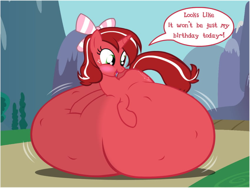 belly belly_bed belly_expansion big_belly blush english_text female flashequestria growth hyper hyper_pregnancy impossibly_large_belly my_little_pony oc oc_only pregnant pregnant_expansion red_ribbon_(oc) solo solo_female text