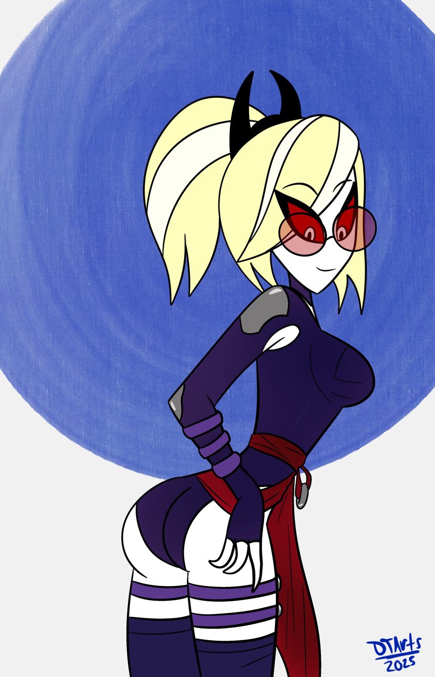 2025 2d back_view blonde_female blonde_hair butt_focus dantootharts demon demon_girl hazbin_hotel marvel marvel_rivals odette_(hazbin_hotel) ponytail psylocke_(cosplay) red_glasses tagme