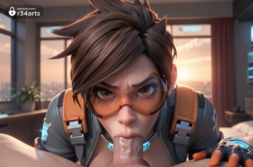 , 1boy 1boy1girl 1girls ai_generated artist_name black_gloves blizzard_entertainment blowjob bomber_jacket brown_eyes brown_hair clothed_female_nude_male erection fellatio fingerless_gloves freckles gloves goggles hi_res indoors jacket lips looking_at_viewer nose nude oral orange_goggles overwatch overwatch_2 patreon_username penis pov pov_crotch r34arts saliva short_hair solo_focus spiked_hair straight tears tracer uncensored window