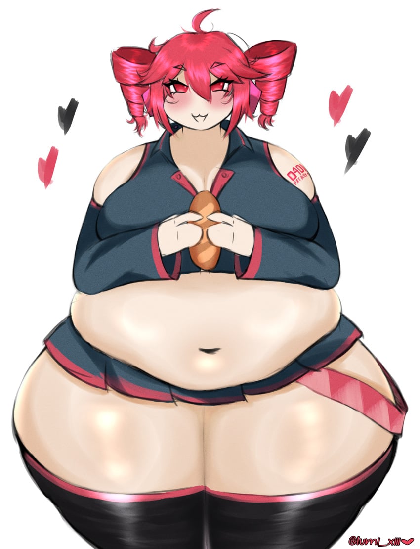 ahoge bbw belly belly_button bread chubby fat headphones heart kasane_teto lumi_xiii pink_hair red_hair smile tattoo tight_clothing twin_drills twintails utau weight_gain