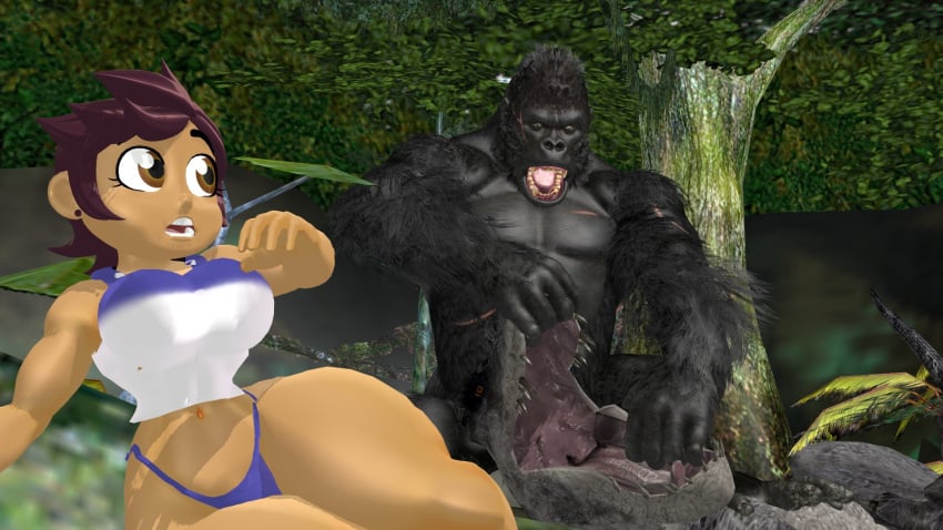 big_ass big_breasts female fighting_over_girl in_awe jaw_grab jungle jungle_background king_kong king_kong_(2005) king_kong_(series) latina luz_noceda mikumikudance mmd panties the_owl_house tyrannosaurus_rex vastatosaurus_rex