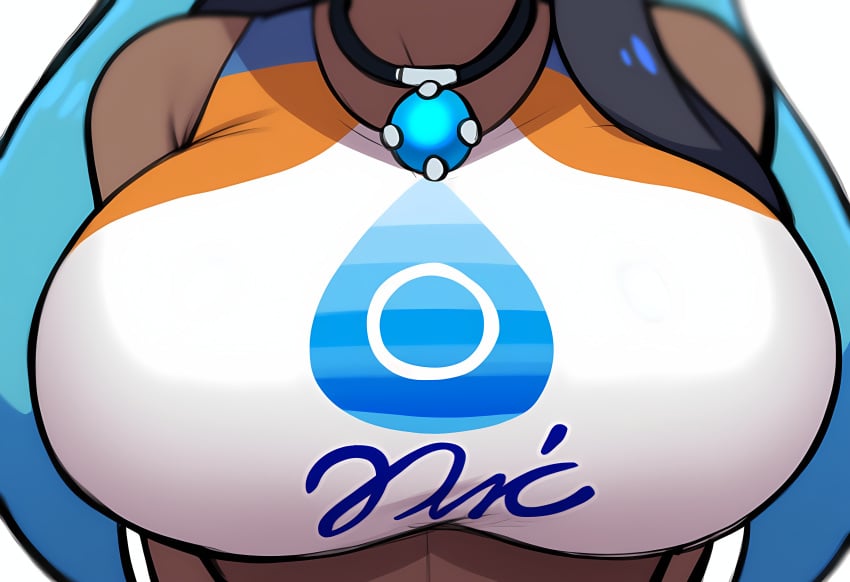 ai_generated alternate_breast_size breast_focus breasts close-up dark-skinned_female dark_skin female large_breasts mullon nessa_(pokemon) novelai pokemon pokemon_(anime) pokemon_(game) pokemon_ss solo solo_focus top_heavy