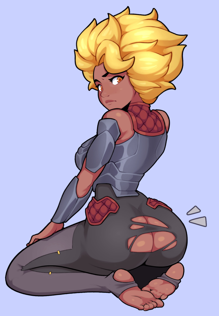 dark-skinned_female golden_hair relle ripped_clothing ripped_pants stinkstonegames tan_skin wardrobe_malfunction