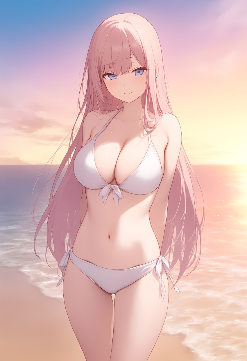 ai_generated arms_behind_back backlighting bangs bare_shoulders beach bikini blue_eyes blush breasts cleavage closed_mouth collarbone cowboy_shot eyebrows_visible_through_hair female front-tie_bikini front-tie_top halterneck horizon large_breasts long_hair looking_at_viewer navel oc ocean outdoors pink_hair sand side-tie_bikini sidelocks smile solo standing stomach string_bikini sunset swimsuit thigh_gap very_long_hair water white_bikini