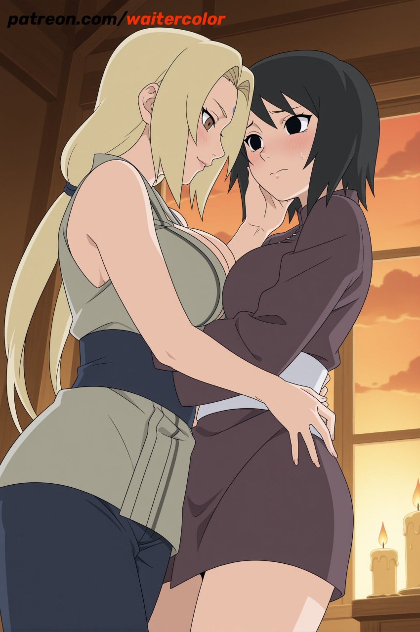 2girls ai_generated ass asymmetrical_docking before_sex big_ass big_breasts black_eyes black_hair blonde_hair blush breasts breasts_out brown_eyes clothing docking embarrassed huge_breasts indoors kimono large_breasts looking_at_another looking_pleasured multiple_girls naruto naruto_(series) naruto_shippuden outdoors patreon_username shizune teacher_and_student tsunade uncensored url voluptuous voluptuous_female waitercolor watermark web_address yuri