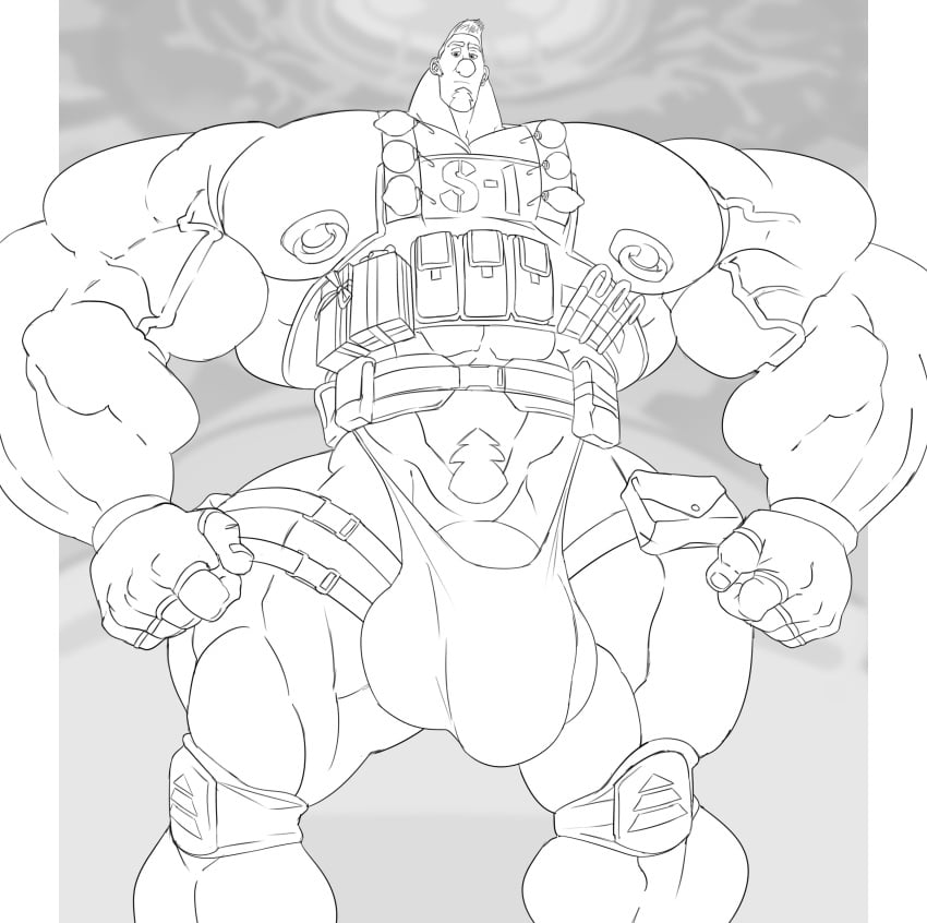 arthur_christmas bara big_muscles bulge christmas_outfit exposed_penis facial_hair flaccid human human_only male male_only military_uniform military_vest monochrome muscles muscular remert shirt sketch solo solo_male steve_claus white_hair worm's-eye_view