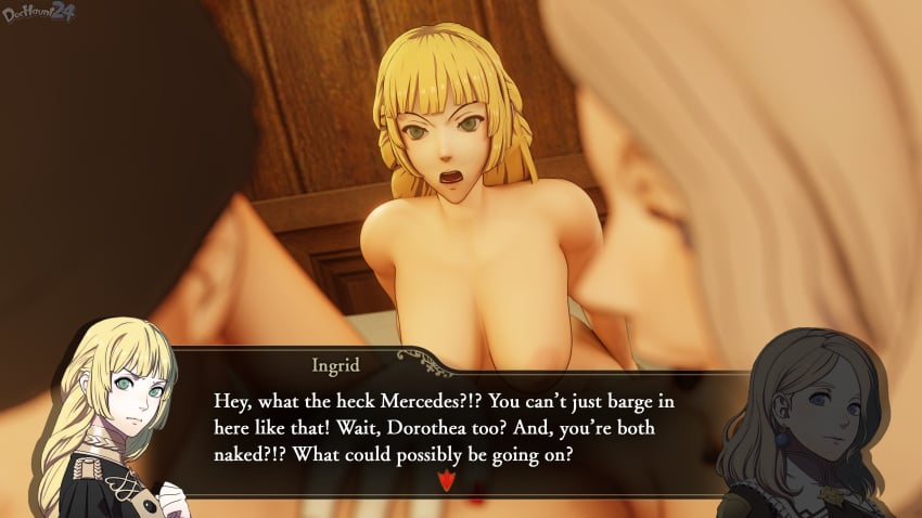 1boy 3d 3girls areolae artist_name bangs blonde_hair blunt_bangs breasts brown_hair completely_nude corruption dochaunt24 dorothea_arnault english_text female female_focus femsub fire_emblem fire_emblem:_three_houses indoors ingrid_brandl_galatea large_breasts light-skinned_female light_skin long_hair male medium_breasts mercedes_von_martritz mind_control nintendo nipples nude nude_female pale-skinned_female pale_skin slave text text_box