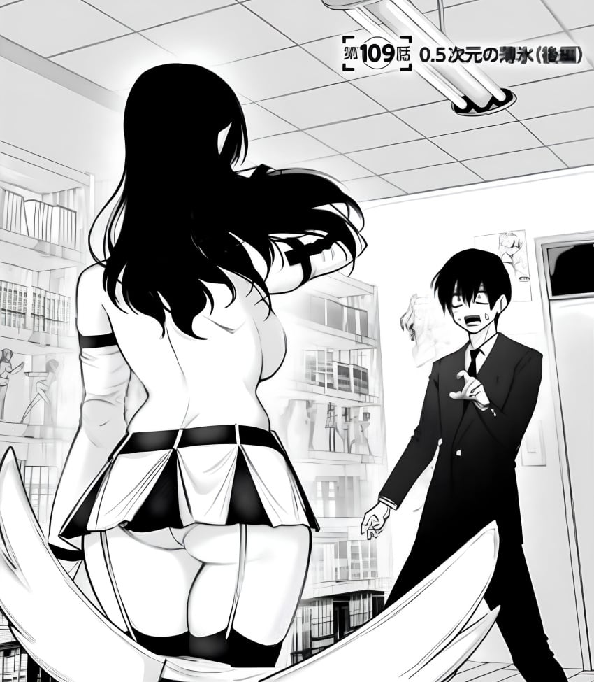 2.5_jigen_no_ririsa abe_marina ass back_view backboob bare_shoulders black_and_white black_hair breasts cosplay detached_sleeves garter_straps hashimoto_yuu huge_breasts indoors liliel_(cosplay) long_hair manga no_bra official_art okumura_masamune panties pantyshot skirt standing thick_thighs thighhighs thighs topless underwear zettai_ryouiki