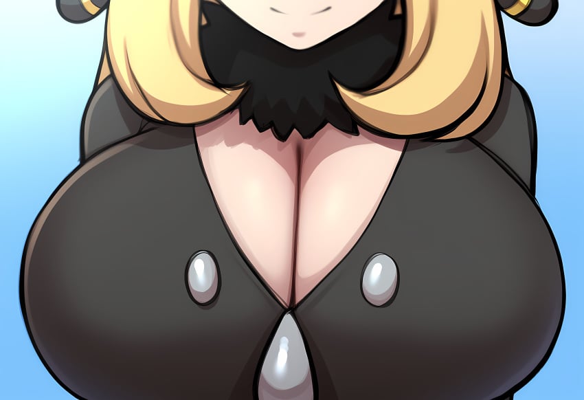 ai_generated alternate_breast_size blonde_hair breast_focus breasts close-up cynthia_(pokemon) female large_breasts mullon novelai pokemon pokemon_(anime) pokemon_(game) pokemon_dppt smile solo solo_focus top_heavy