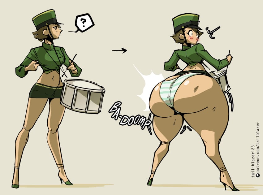 1girls ass_bigger_than_breasts ass_bigger_than_head ass_bigger_than_skirt ass_bigger_than_torso ass_cleavage ass_expansion big_breasts drum drummer drumsticks expansion marching_band_uniform medium_ass medium_breasts miniskirt navel panties skirt striped_panties tagme tail-blazer thin_waist wide_hips