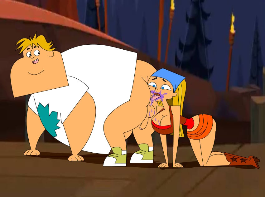 anus big_belly big_breasts blonde_female blonde_hair blue_eyes breasts butt_crack cleavage disgusted embarrassed fat_butt fat_man female humiliation jelly licking_ass lindsay_(tdi) messy on_knees owen_(tdi) rimjob rimming rimming_female total_drama_island