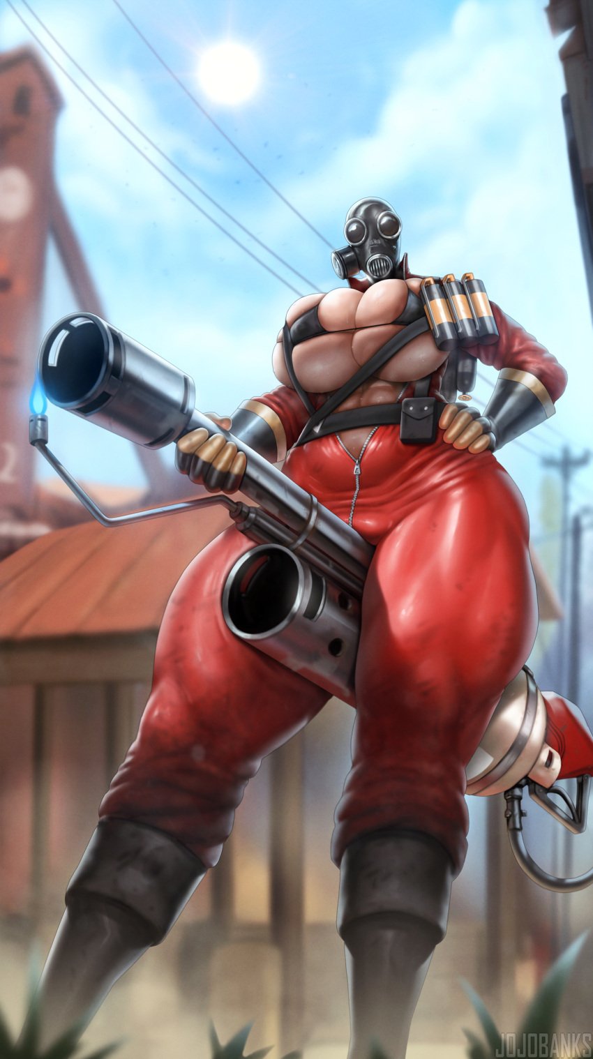 big_breasts faceless_female fempyro gas_mask hand_on_hip jojobanks latex looking_at_viewer looking_down masked masked_female muscular muscular_female muscular_thighs public public_exposure public_nudity pyro_(team_fortress_2) rule_63 skin_tight solo solo_female sweat sweating team_fortress_2 thick thick_thighs valve weapon