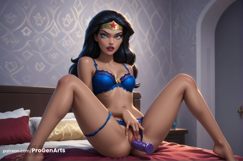 , 1girls ai_generated barefoot bed black_hair blue_bra blue_eyes blue_panties bra breasts circlet clothing_aside collarbone dc dc_comics dcau dildo dildo_in_pussy dildo_insertion female_masturbation hi_res indoors lingerie lips lipstick long_hair looking_at_viewer makeup masturbation medium_breasts navel object_insertion on_bed panties panties_aside parted_lips pillow progenarts pussy red_lips sex_toy sitting solo spread_legs thigh_strap tiara uncensored underwear underwear_only vaginal_insertion vaginal_masturbation vaginal_object_insertion vaginal_penetration web_address wonder_woman wonder_woman_(series)