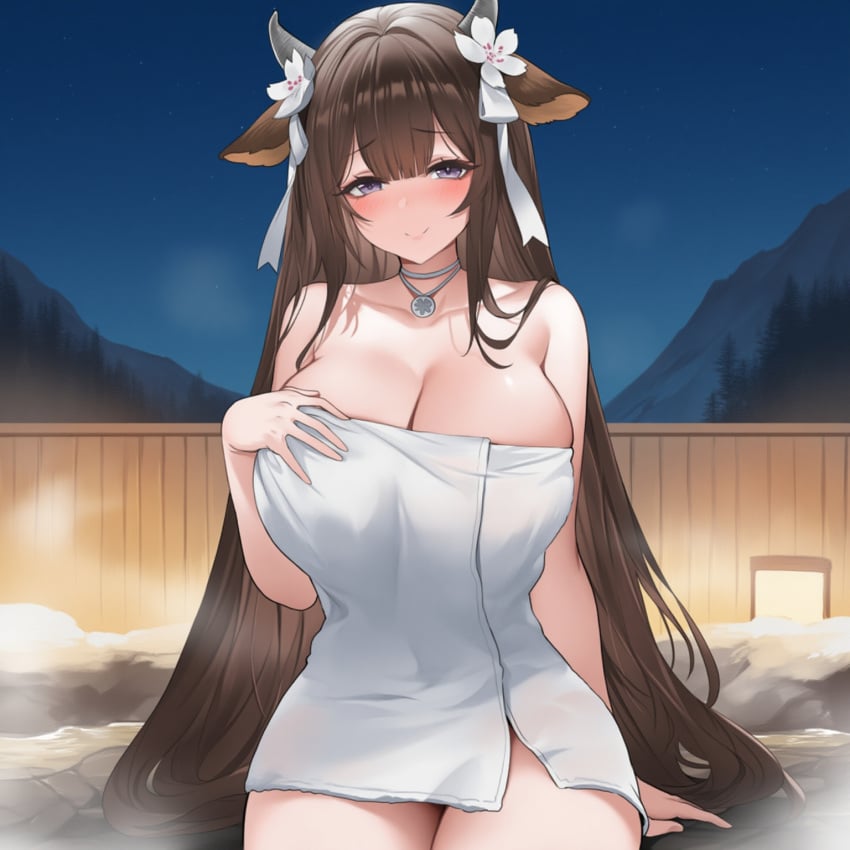 ai_generated azur_lane brown_hair cow_ears cow_girl cow_horns huge_breasts kashino_(azur_lane) necklace onsen purple_eyes roxor towel wide_hips