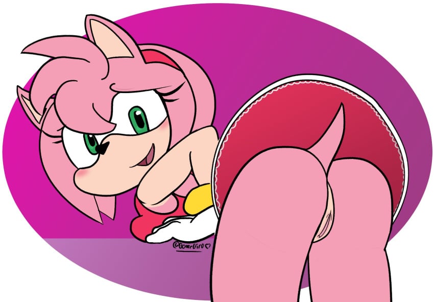 amy_rose anthro arms_bent ass bent_over blush bracelet breast_squish breasts clothed clothing digital_drawing_(artwork) digital_media_(artwork) dress eulipotyphlan famousfen female genitals gloves hair handwear hedgehog hi_res jewelry looking_at_viewer looking_back mammal open_mouth open_smile pink_body pink_hair presenting presenting_hindquarters presenting_pussy pussy sega smile solo sonic_the_hedgehog_(series) squish upskirt