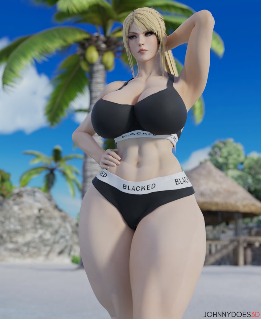 1female 1girls 3d 3d_(artwork) 3d_background 3d_model beach beach_background bimbo blacked blacked_clothing blonde_female blonde_hair blonde_hair_female calvin_klein curvy curvy_ass curvy_body curvy_female curvy_figure curvy_hips hand_on_head hand_on_hip johnnydoes3d looking_at_viewer metroid muscles muscular_female muscular_thighs samus_aran serious serious_look size_queen white_skin