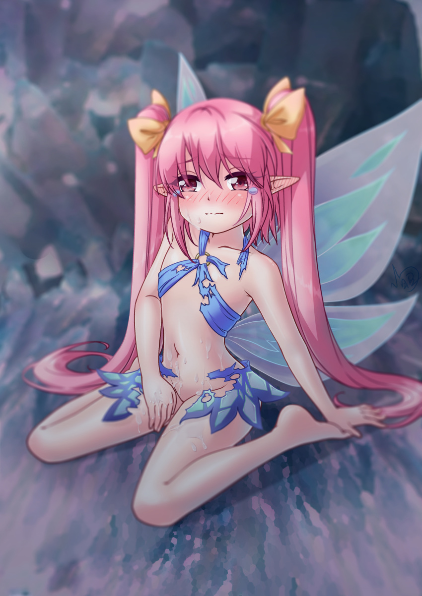 1girls absurdres barefoot bikini_top blue_bikini_top blue_skirt blush cum cum_on_body cum_on_lower_body cum_on_upper_body ear_blush facial fairy fairy_wings female flat_chest groin highres long_hair looking_at_viewer miniskirt navel no_panties o-ring pink_eyes pink_hair pointy_ears rabi-ribi ribbon ribbon_(rabi-ribi) sitting skirt solo solo_female tears torn_clothes torn_skirt twintails very_long_hair wings