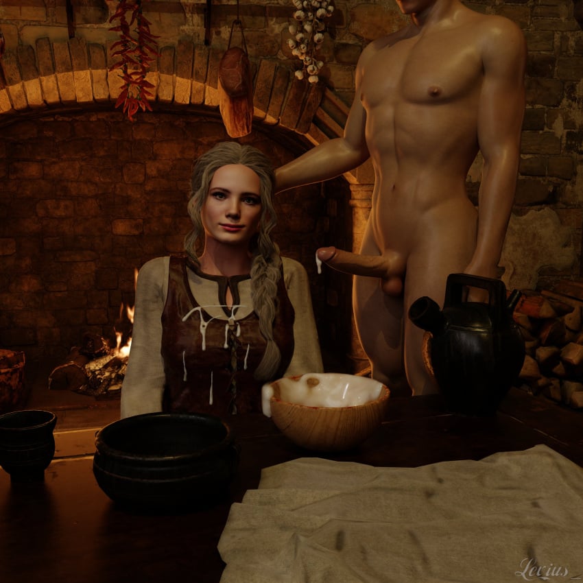 1boy 1girls 3d bowl bowl_of_cum ciri clothed_female_nude_male cum cum_in_bowl cum_on_body cum_on_clothes erection female levius_nsfw light-skinned_female light-skinned_male male penis the_witcher_(netflix) the_witcher_(series) white_hair