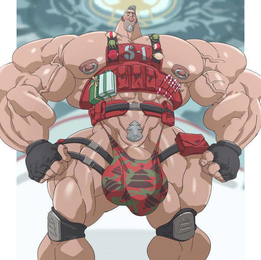 arthur_christmas bara big_muscles bulge christmas_outfit exposed_penis facial_hair human human_only male male_only military_uniform military_vest muscles muscular remert shirt solo_male steve_claus white_hair worm's-eye_view