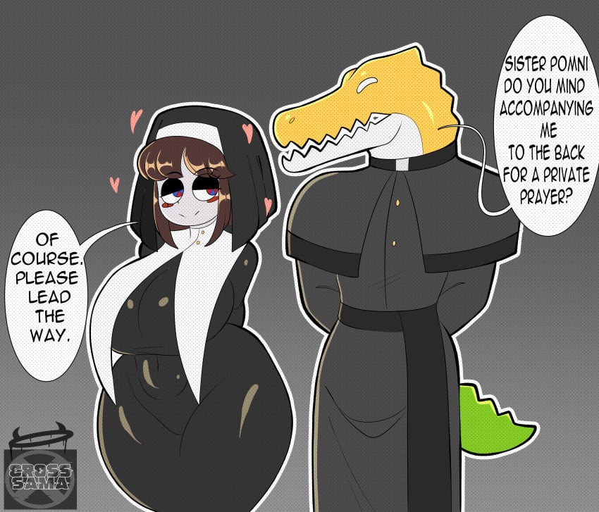 1boy anthro big_breasts breasts brown_hair clothing cross_samax dialogue female gummigoo_(the_amazing_digital_circus) male nun nun_outfit png pomni_(the_amazing_digital_circus) tail text the_amazing_digital_circus thick_thighs white_skin wide_hips