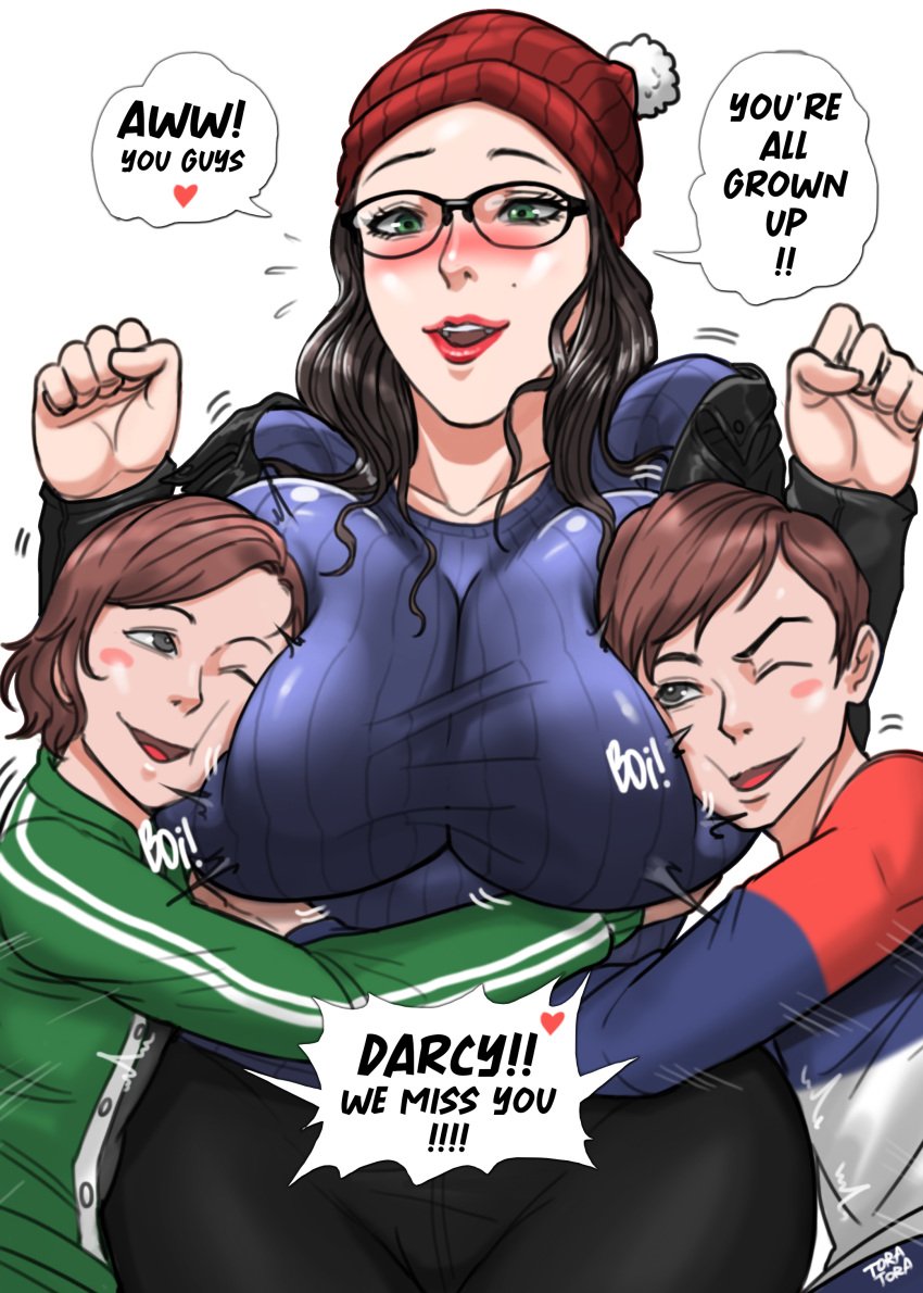 big_breasts billy_maximoff black_hair darcy_lewis glasses green_eyes hugging nerdy_female nsfw tommy_maximoff tora_tora wandavision