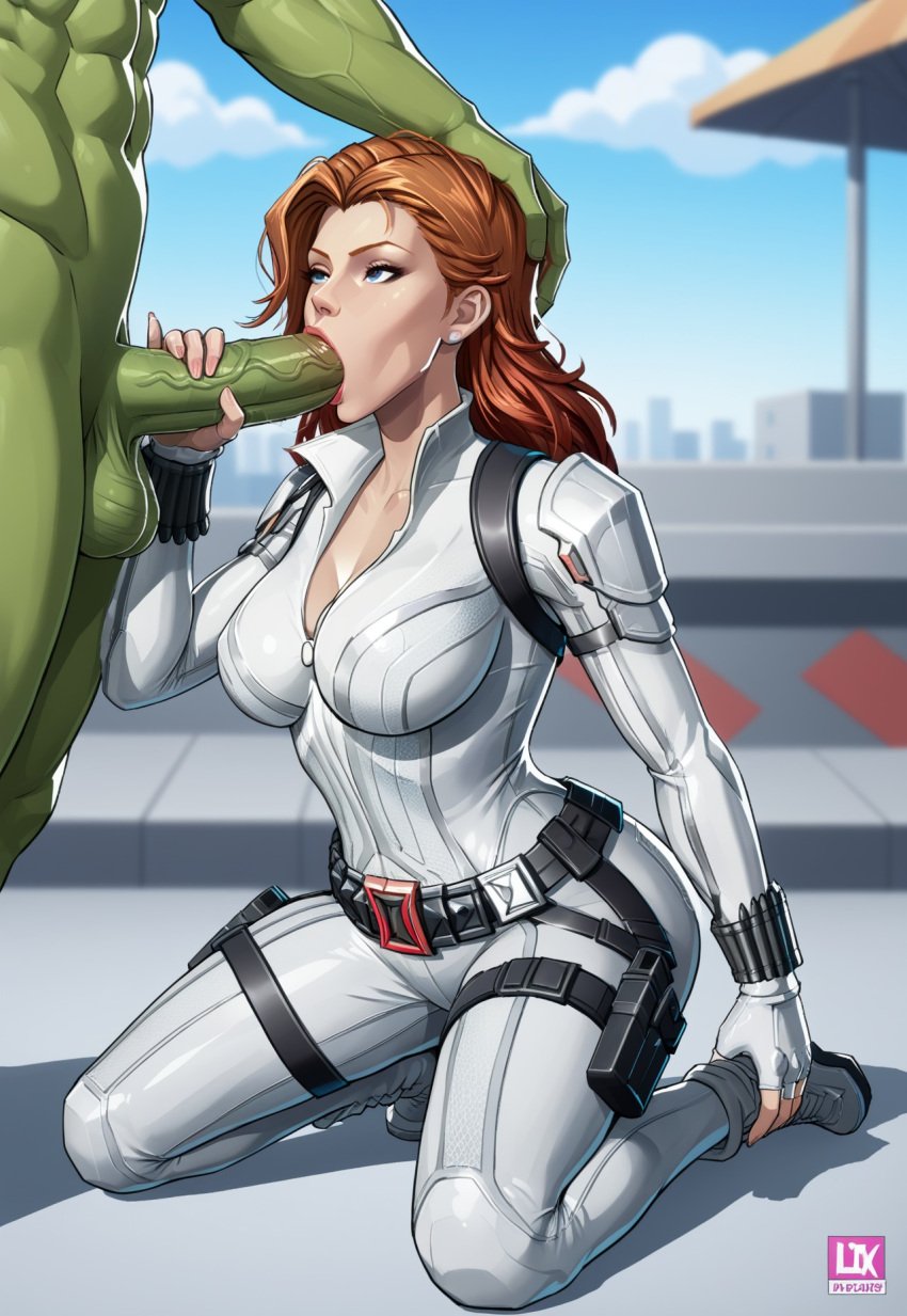 ai_generated big_ass big_breasts big_penis black_widow_(marvel) blowjob civitai green_penis green_skin huge_cock hulk kneeling large_ass marvel marvel_rivals muscular muscular_male orange_hair white_bodysuit