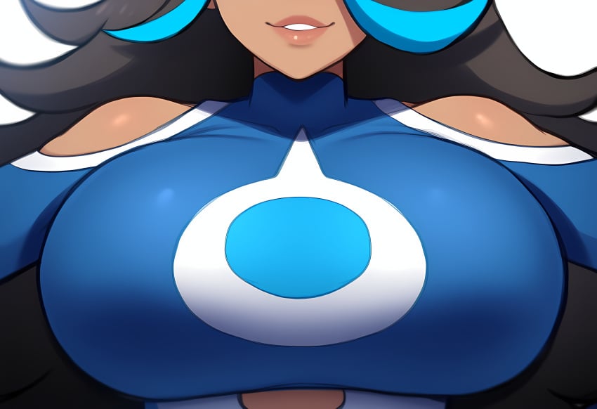 ai_generated alternate_breast_size breast_focus breasts close-up dark-skinned_female dark_skin female large_breasts mullon novelai pokemon pokemon_(anime) pokemon_(game) pokemon_oras shelly_(pokemon) solo solo_focus team_aqua top_heavy