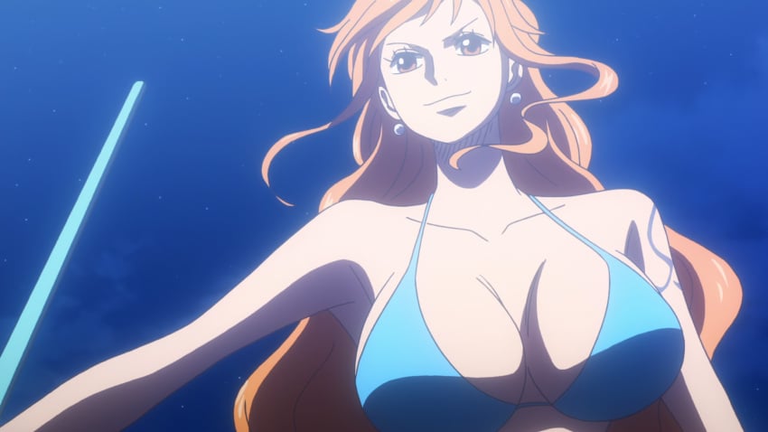 anime_screencap bikini blue_bikini earrings large_breasts nami night_sky one_piece one_piece_film_gold orange_hair polearm screencap sky swimsuit