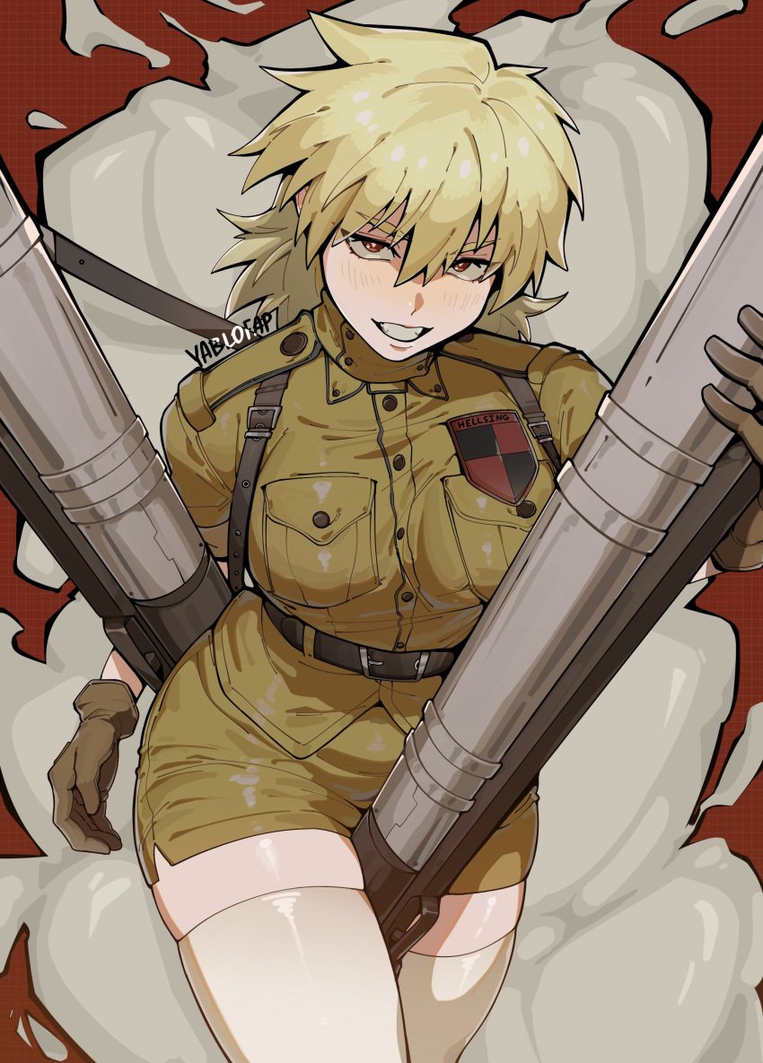 1girls alohapz badge belt blonde_eyebrows blonde_female blonde_hair female female_focus female_only gloves hellsing hips leather leather_gloves looking_at_viewer muscular pale-skinned_female pale_skin red_eyes seductive seductive_eyes seductive_look seductive_pose seductive_smile seras_victoria smile smiling smiling_at_viewer solo solo_female solo_focus suspenders thick_thighs thigh_squish thighhighs thighs turtleneck uniform yablofap