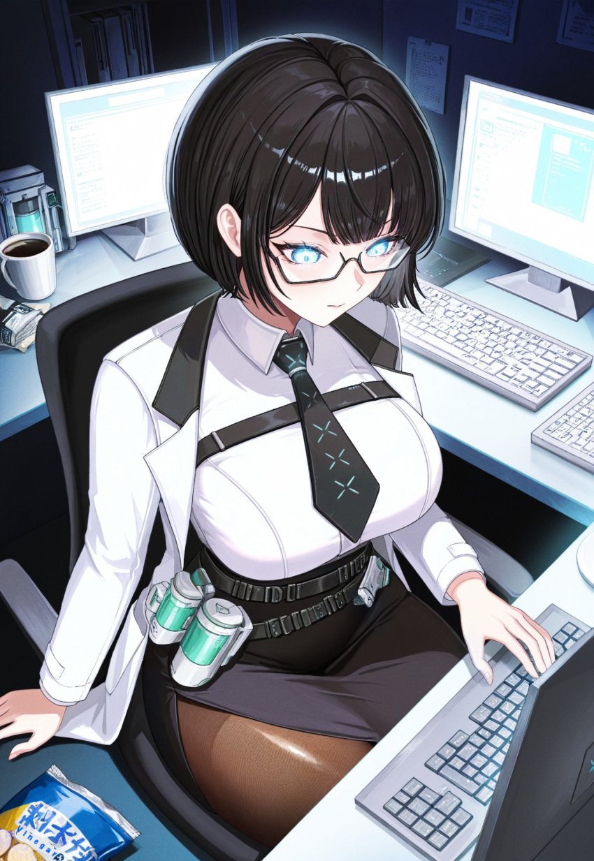 1girls black_hair blue_hair coffee coffee_mug computer eyewear goddess_of_victory:_nikke labcoat looking_at_computer mana_(nikke) potato_chips