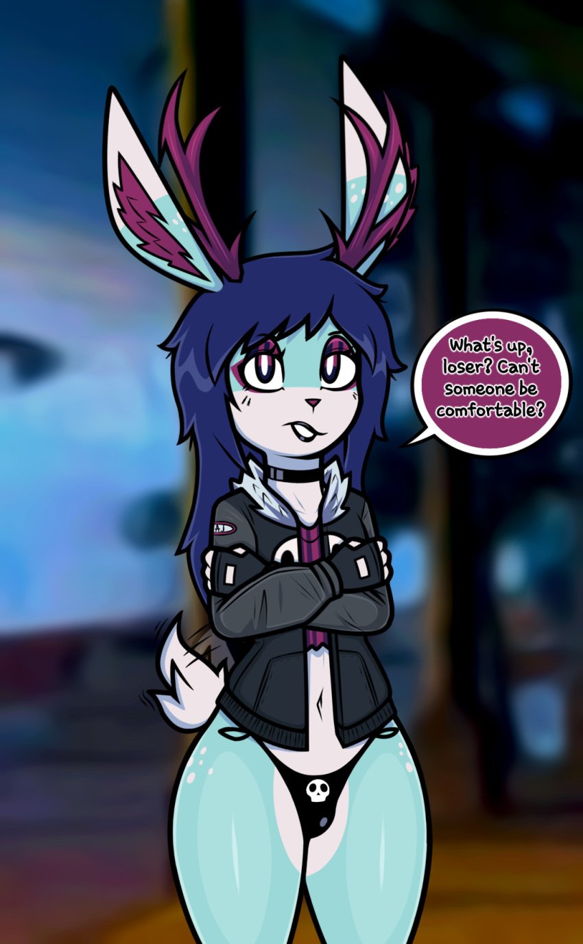 1boy aj_jackalope black_lips blue_hair chocker cyan_body eyeshadow femboy fingerless_gloves gloves jackalope long_hair rabbit rabbit_ears red_eyes rubber2d tsundere