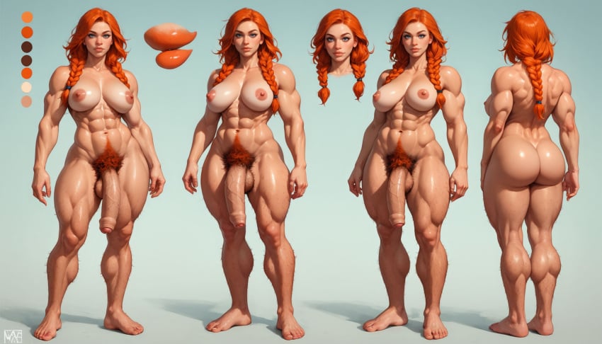 ai_generated barefoot breasts character_sheet excessive_pubic_hair futa_only futanari goblinenthusiast hairy huge_cock huge_cock large_breasts large_penis muscular muscular_futanari naked penis red_hair self_upload standing testicles thick_thighs