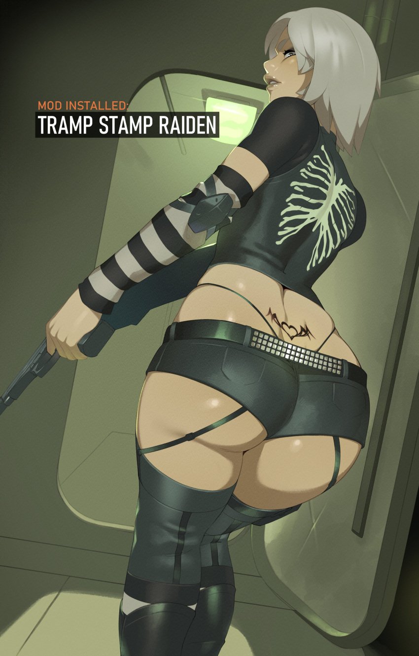 1boy absurd_res arm_sleeves ass combos-n-doodles femboy girly handgun legwear looking_at_viewer looking_back looking_back_at_viewer male male_only metal_gear_solid metal_gear_solid_2 minishorts raiden_(metal_gear) rear_view solo tattoo thick_ass thong white_hair