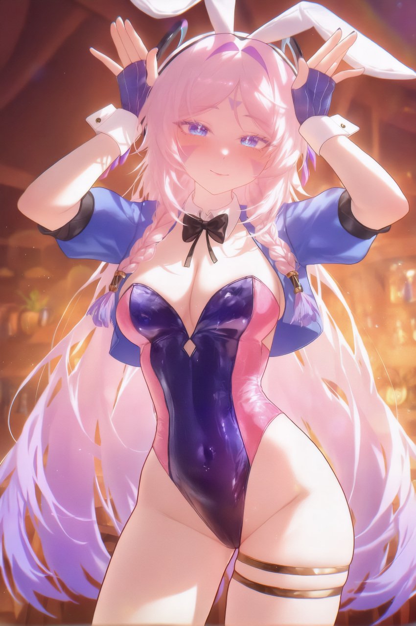 absurd_res ai_generated animal_ears arms_up black_bow black_bowtie blue_eyes blue_jacket blue_leotard blurry blurry_background blush bow bowtie braid breasts citlali_(genshin_impact) cleavage closed_mouth contrapposto covered_navel cowboy_shot cropped_jacket detached_collar facial_mark fake_animal_ears female fingerless_gloves genshin_impact gloves gradient_hair groin hairband highleg highleg_leotard jacket large_breasts leotard long_hair looking_at_viewer medium_breasts ministro multicolored_hair nail_polish open_clothes open_jacket pink_hair pink_leotard playboy_bunny puffy_short_sleeves puffy_sleeves purple_hair purple_leotard rabbit_ears rabbit_pose short_sleeves skindentation smile solo standing strapless strapless_leotard thigh_strap thighs twin_braids very_long_hair virtual_youtuber white_collar wrist_cuffs