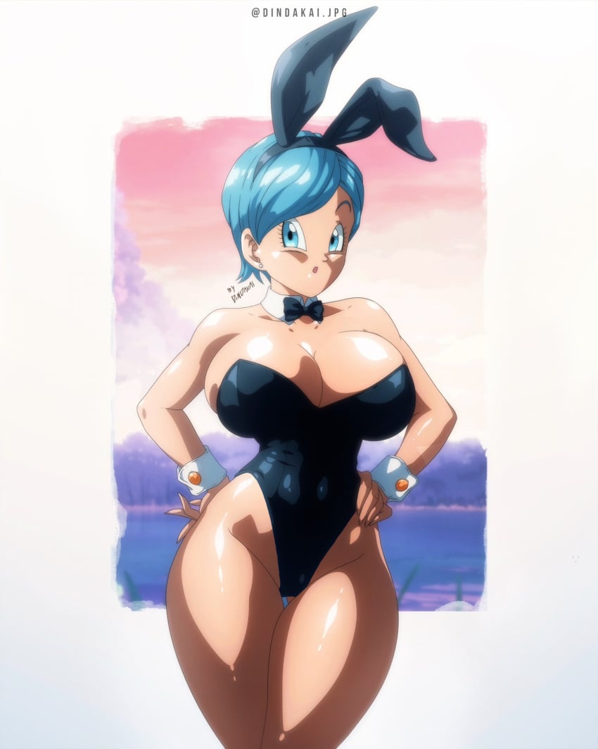 1girls alternate_version_available blue_eyes blue_hair breasts bulma_briefs bunny_ears bunnysuit cleavage color dindakai dragon_ball dragon_ball_z edit female female_only large_breasts looking_at_viewer short_hair solo thick_thighs wide_hips