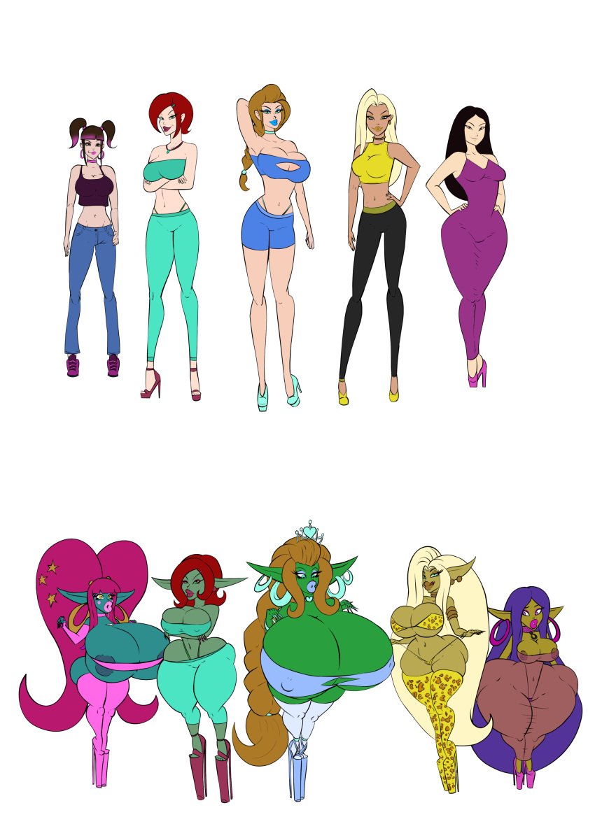 before_and_after big_breasts bimbo bimbo_body bimbo_lips bimbofication bradtanker3 breasts female goblin goblin_female goblinification huge_ass huge_breasts large_breasts shortstack shortstackification skin_color_change thick_thighs transformation wide_hips