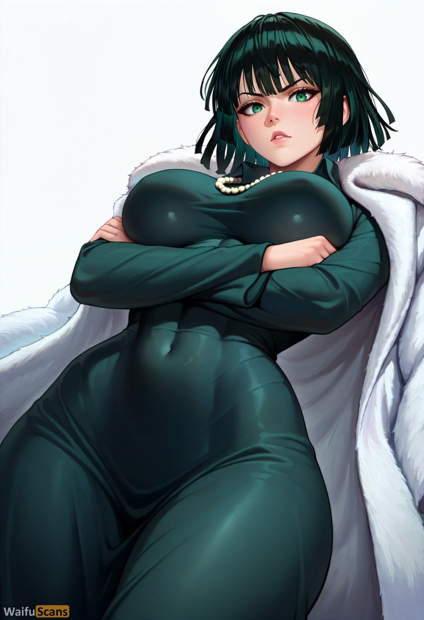 ai_generated arms_under_breasts artist_name bangs black_hair breasts coat covered_navel crossed_arms dress female from_below fubuki_(one-punch_man) fur_coat green_dress green_eyes high_resolution highres jewelry large_breasts lips long_sleeves looking_at_viewer looking_down necklace one-punch_man parted_lips pearl_necklace short_hair simple_background solo stable_diffusion thick_thighs thighs waifuscans418 white_background wide_hips