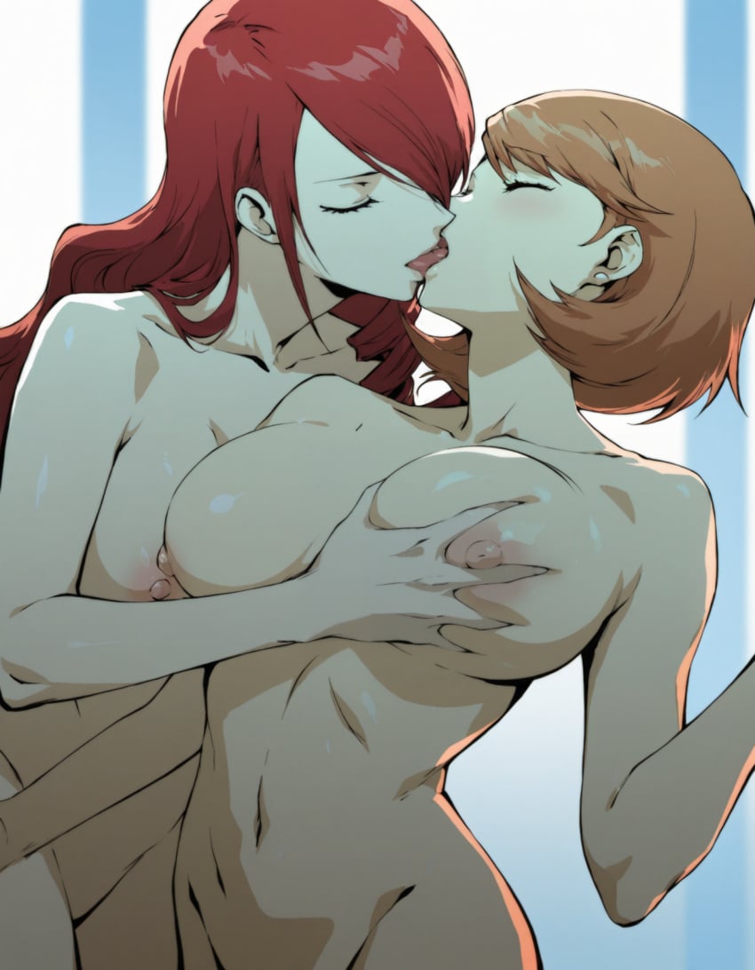 2girls ai_generated breast_grab breasts brown_hair closed_eyes completely_nude female female_only french_kiss goonedoutp3rv groping groping_breasts kissing large_breasts lesbian_kiss long_hair mitsuru_kirijo nipples nude nude_female persona persona_3 persona_3_reload red_eyes short_hair tongue yukari_takeba yuri