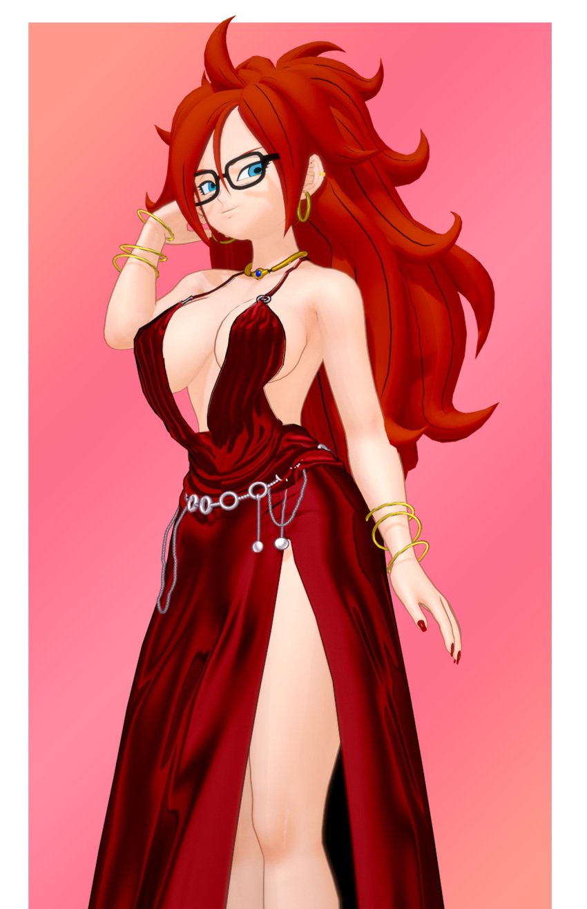 android_21 android_21_(human) big_breasts blue_eyes brown_hair brunette_hair dragon_ball dragon_ball_(series) dragon_ball_fighterz evaan glasses glasses_on_head inner_sideboob jewelry koikatsu looking_at_viewer no_bra render_007 sexy sexy_dress topless voluptuous voluptuous_female