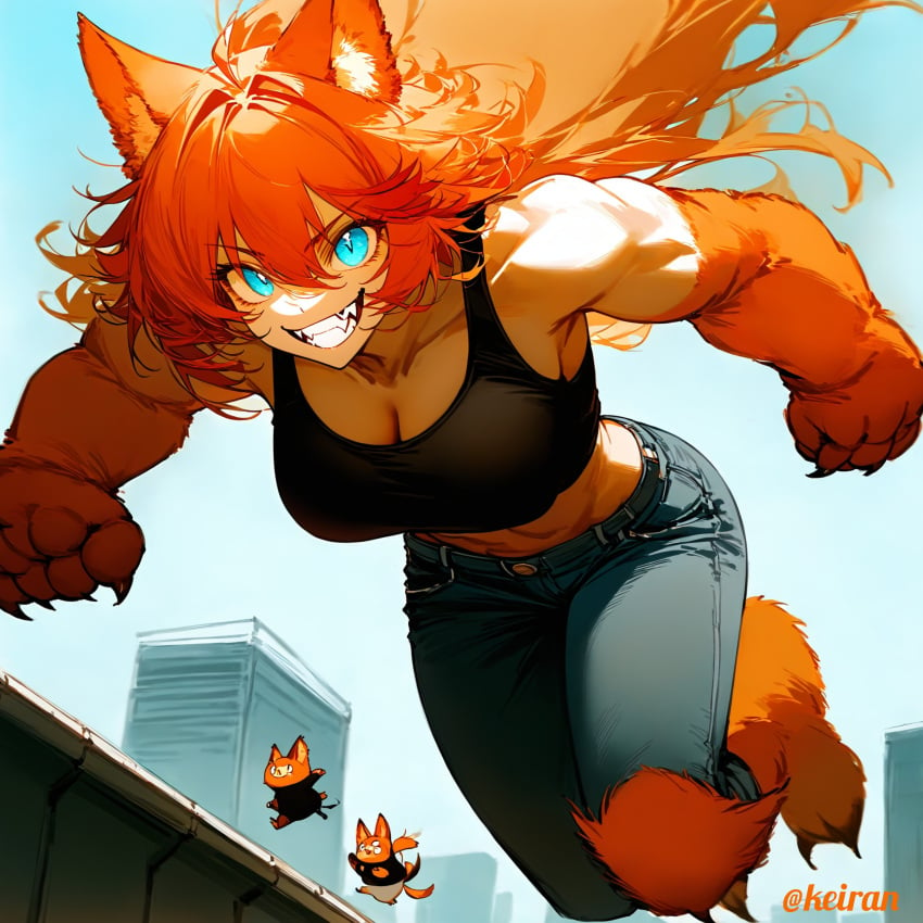 abs ai_generated animal_ears blue_eyes blue_jeans buffpup_(vtuber) crop_top fangs fur grin jeans keiran large_breasts muscular_female orange_fur orange_hair solo_female tagme vtuber